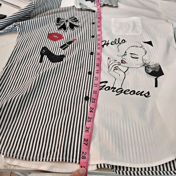 Frank Lyman Design Collection Shirt Medium Striped Woman Illustration Artsy B&W - Picture 11 of 12